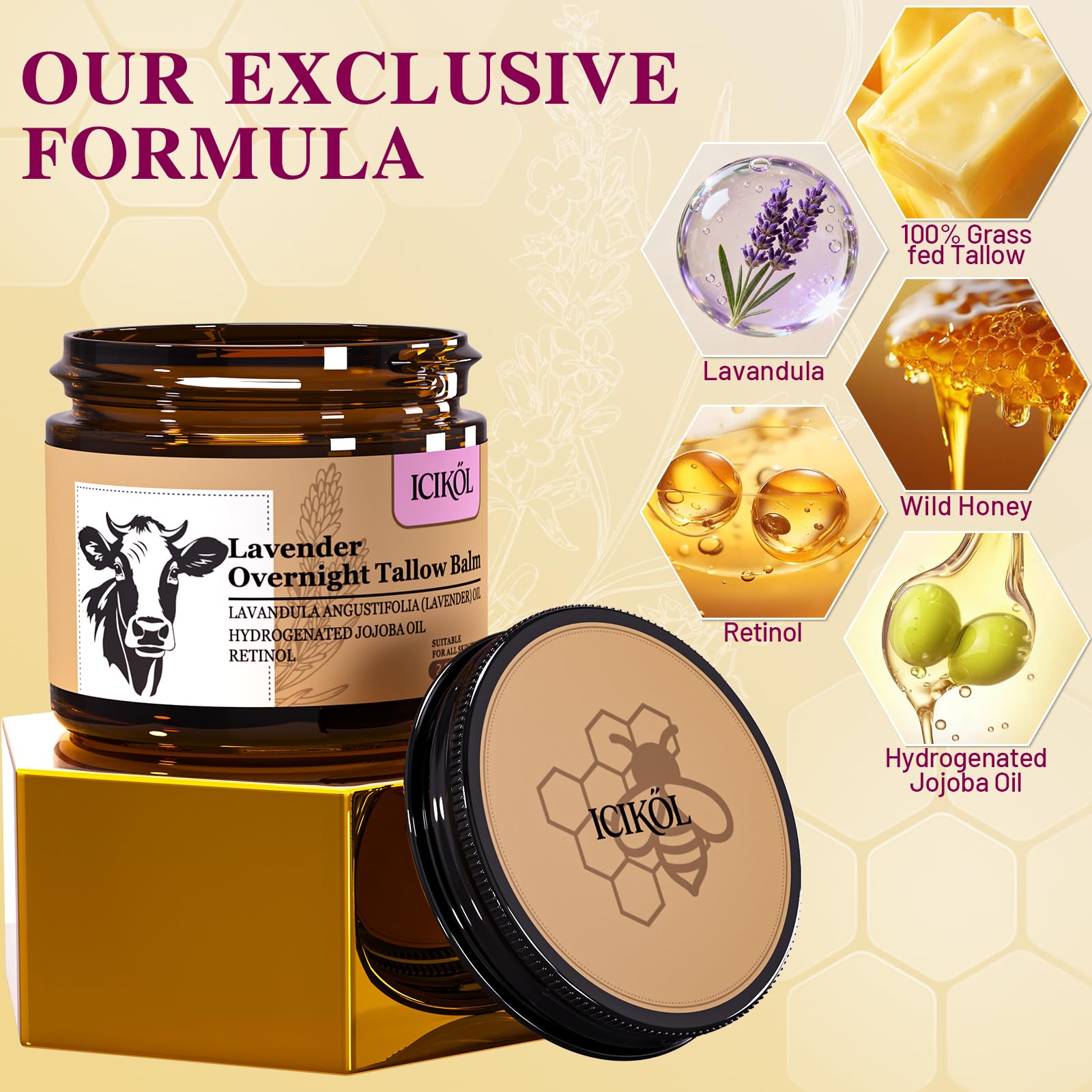 Beef Tallow Honey Balm, Grass-Fed Tallow Moisturizer for Face and Body, Deep Hydration Cream with White Tea Scent, Handmade Natural Skin Nourishment, 2.1 oz