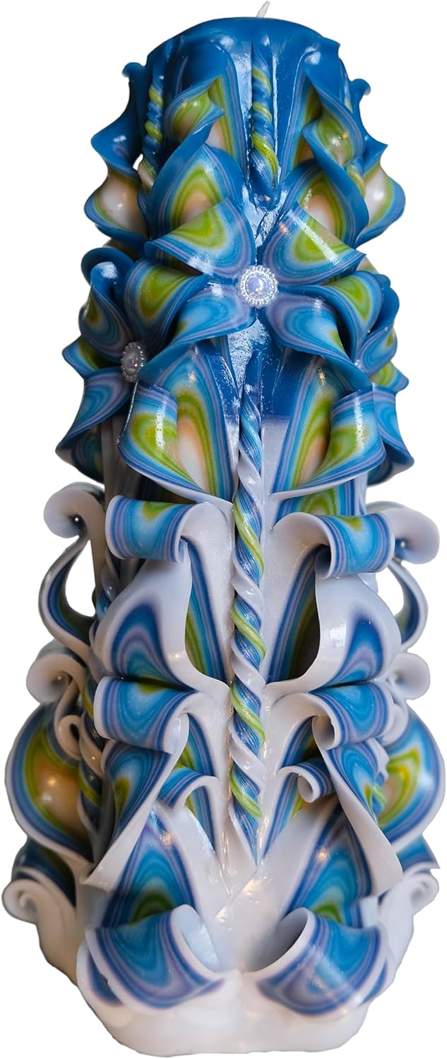 Handmade Carved Candle - Surprise Gift For Her - Decor Birthday Halloween Thanksgiving Christmas - Spiritual Living Room Home Decor Candles - Unique Engagement Wedding Idea - White Blue - Ordagio