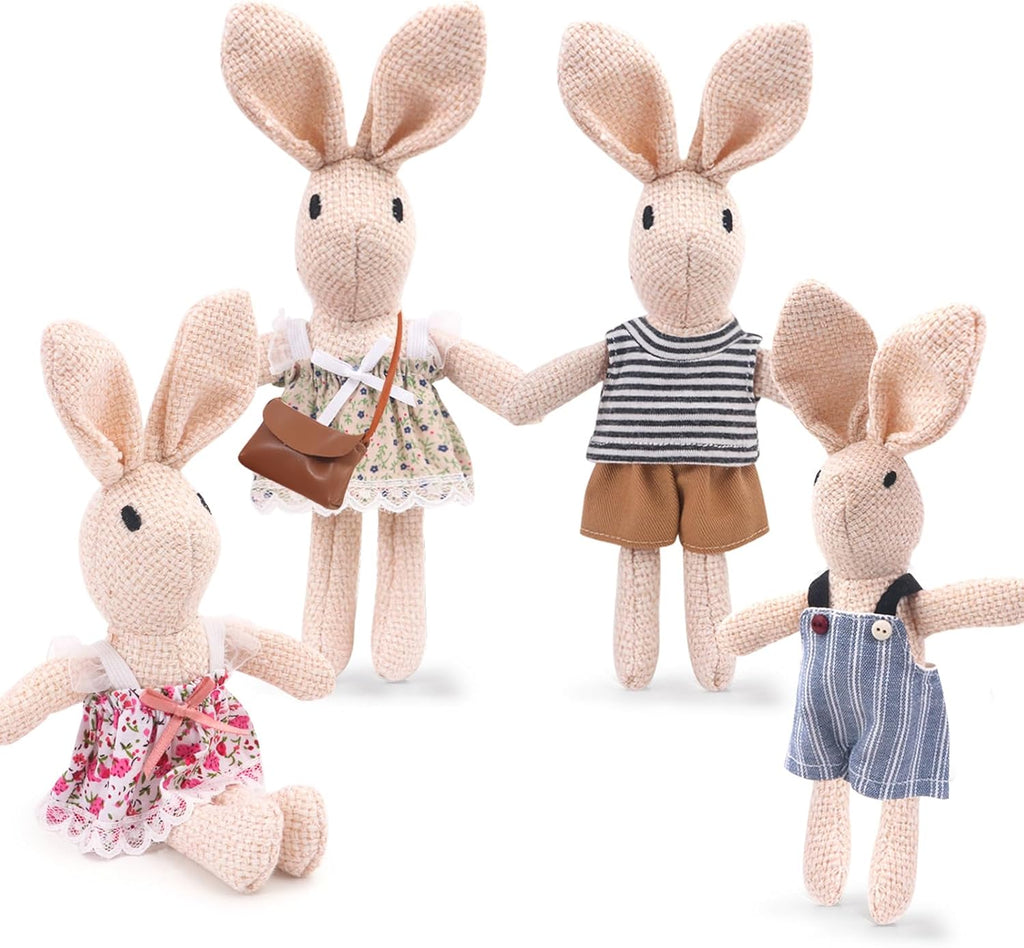 Handmade Rabbit Family Dolls Set of 4 with Removable Outfits & Bag, Realistic Dollhouse People Figures for Imaginative Play, Kids Room Decoration, Easter Bunny