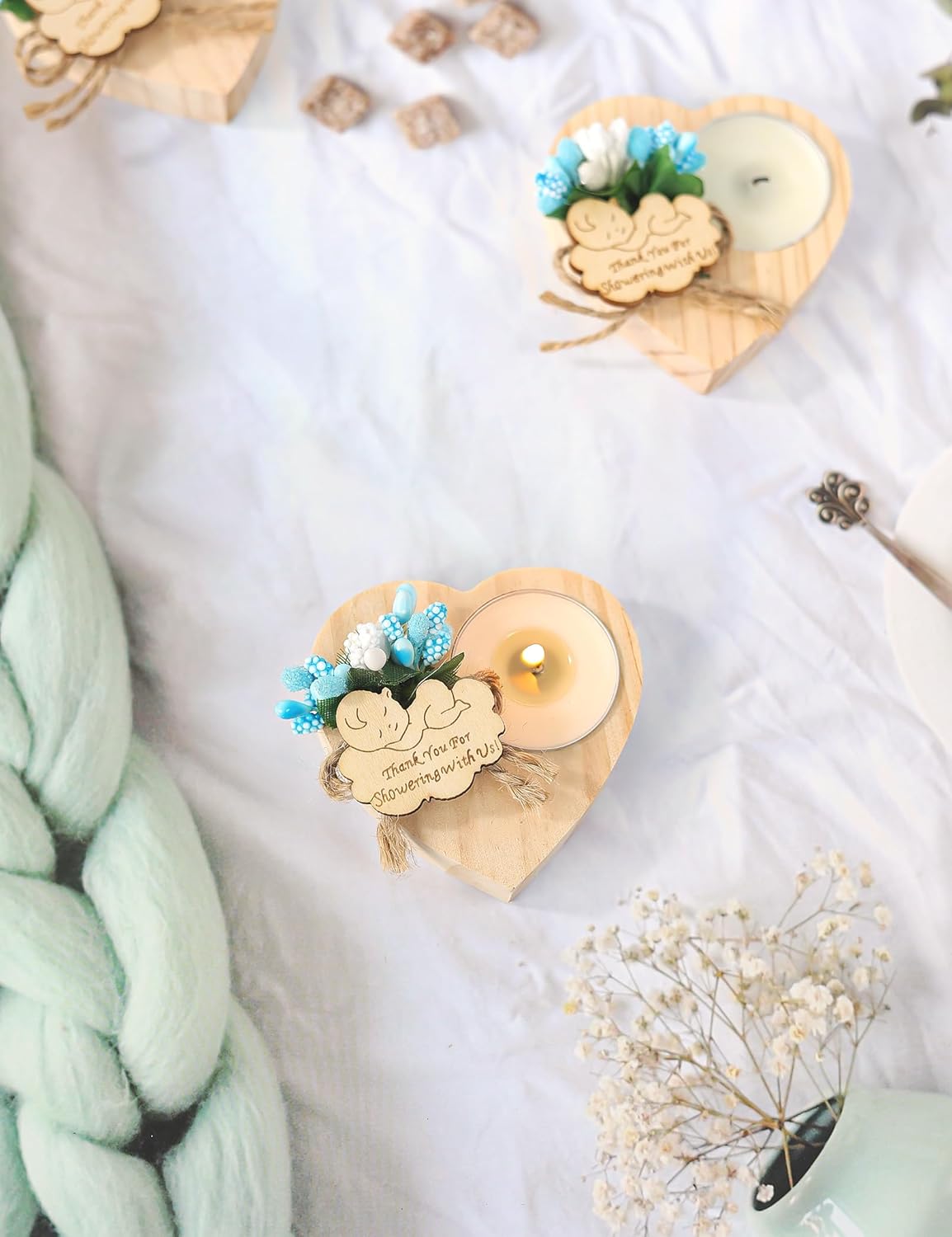 50 Piece Wooden Candle Holders, Baby Shower Party Favors for Boy,Baptism Candle Favors,Baby Christening Favors for Guests. (blue)