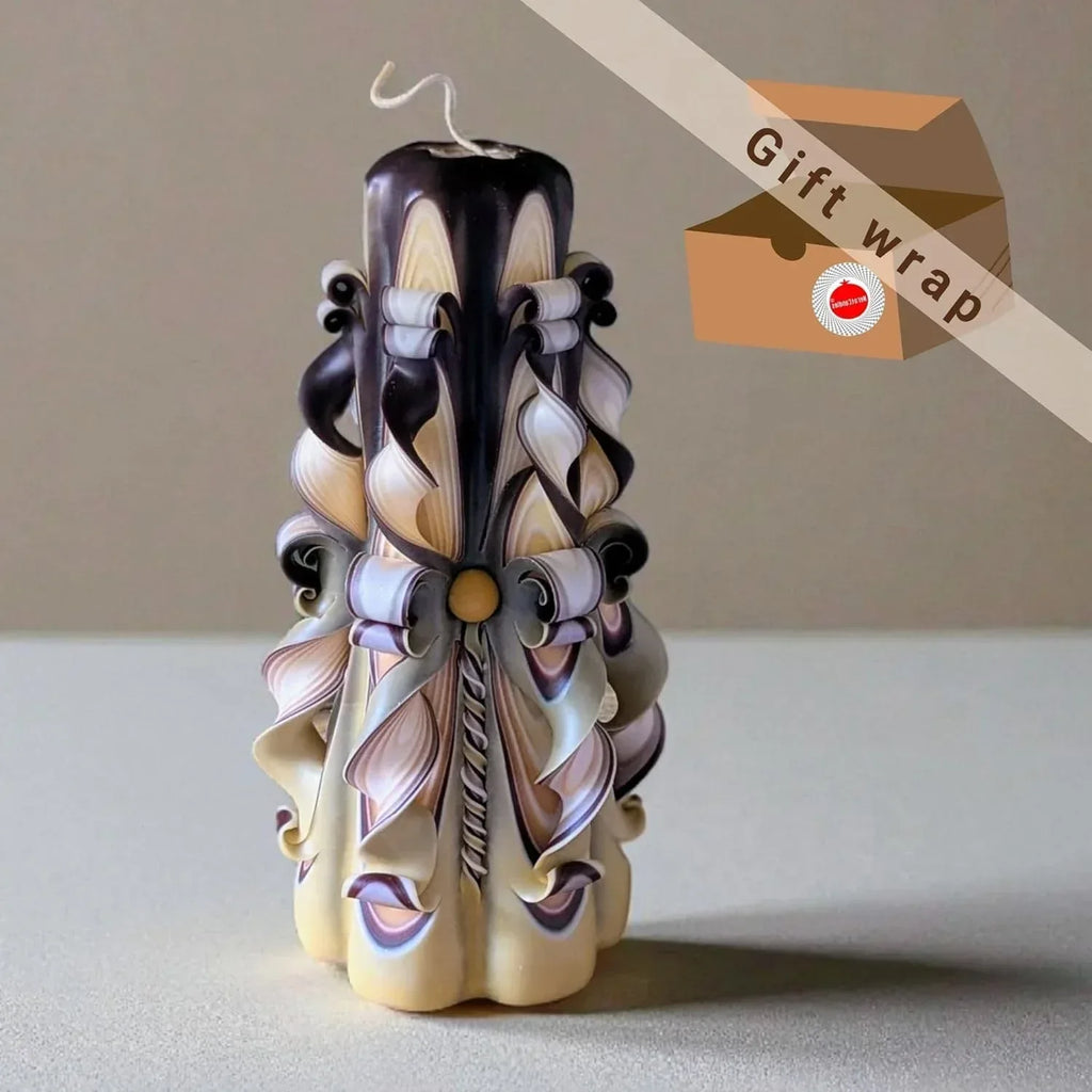 Beige Brown Hand Carved Pillar Candle 8.27" – Decorative Handmade Candle for Coffee Table, Fireplace Mantel or Living Room – Eco Friendly Long Burning Gift by NerotCandles - Handmade Lifestyle Shop