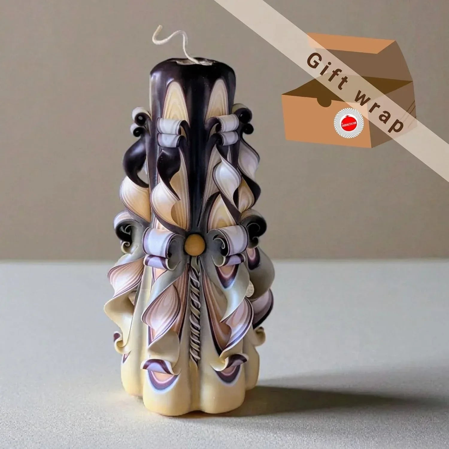 Beige Brown Hand Carved Pillar Candle 8.27" – Decorative Handmade Candle for Coffee Table, Fireplace Mantel or Living Room – Eco Friendly Long Burning Gift by NerotCandles - Handmade Lifestyle Shop