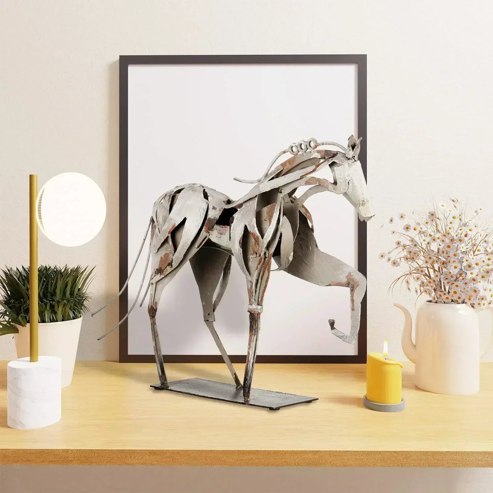 Handmade Metal Horse Statue Decor - Handcrafted & Hand-Painted Sculpture, Unique Rustic Figurine for Home, Office, Desk Decoration (White) - Handmade Lifestyle Shop