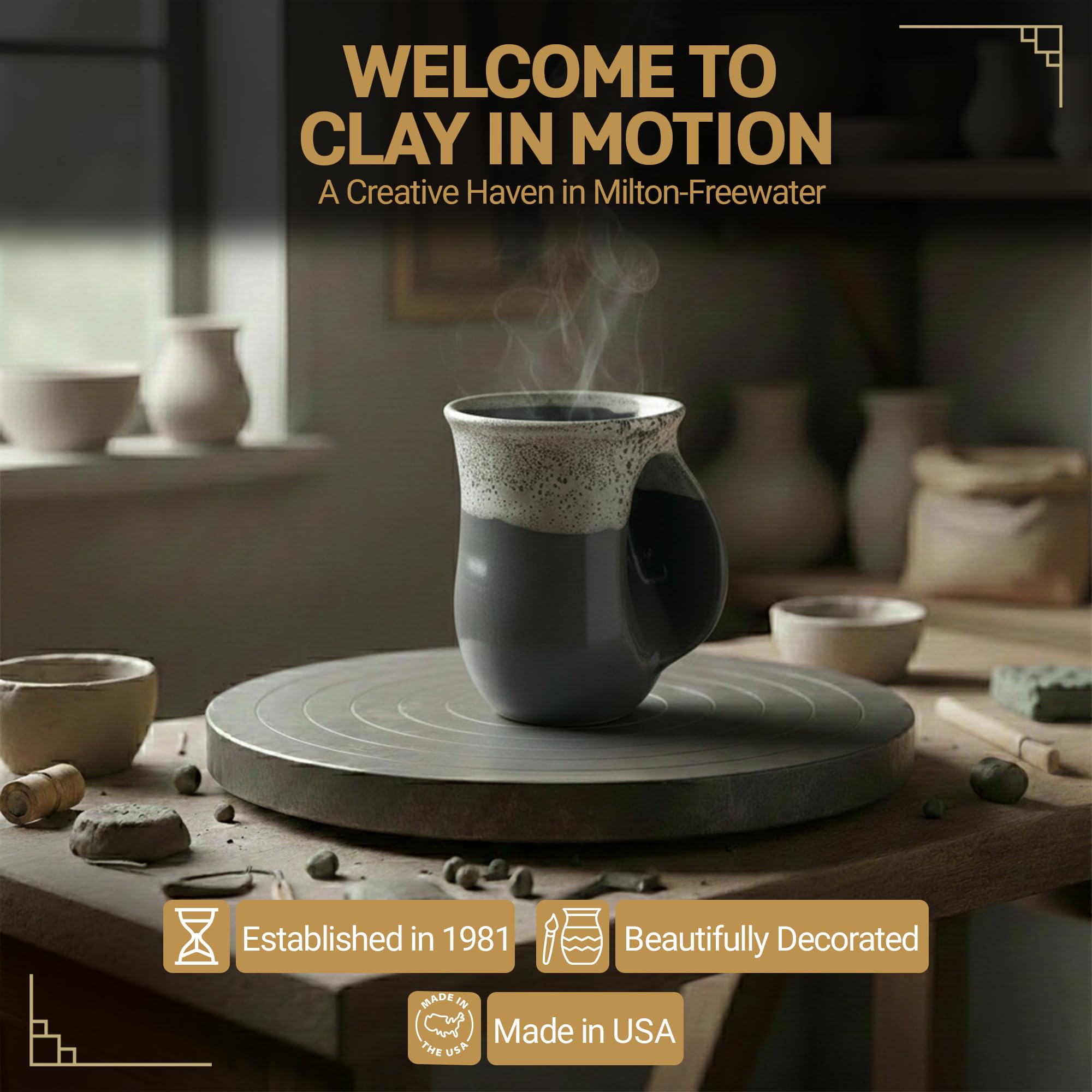 Clay in Motion Hand Warmer Coffee Mug – Handmade Coffee Mug With Comfortable Handle Contoured Pocket Hand Warming Ceramic Coffee Mug – Proudly Made in USA – Right Handed – 14 Oz - Island Oasis