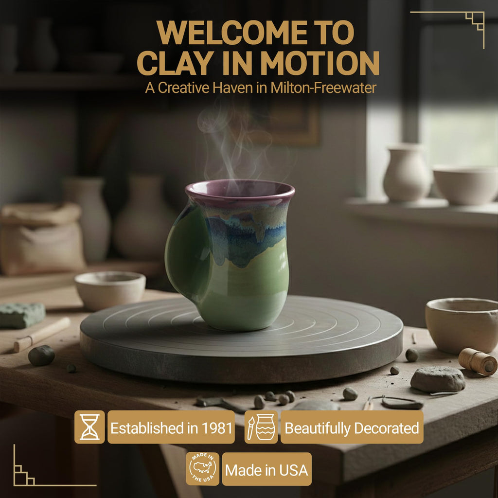 Clay in Motion Hand Warmer Coffee Mug – Handmade Coffee Mug With Comfortable Handle Contoured Pocket Hand Warming Ceramic Coffee Mug – Proudly Made in USA – Right Handed – 14 Oz - Island Oasis