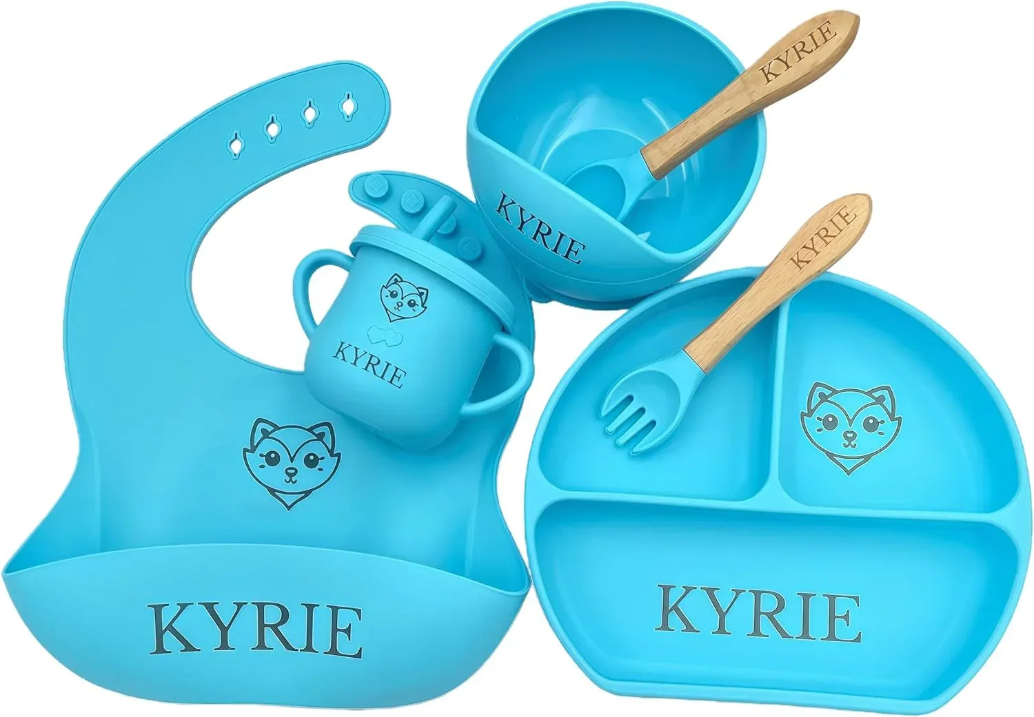 Personalized Name Food Grade 6pcs Baby Feeding Set with Spoon, Fork,Silicone Suction Bowls,Cup,Plate,and bib BPA Free - First Stage Self Feed (Color Muted Deep Pink Y19) - Handmade Lifestyle Shop