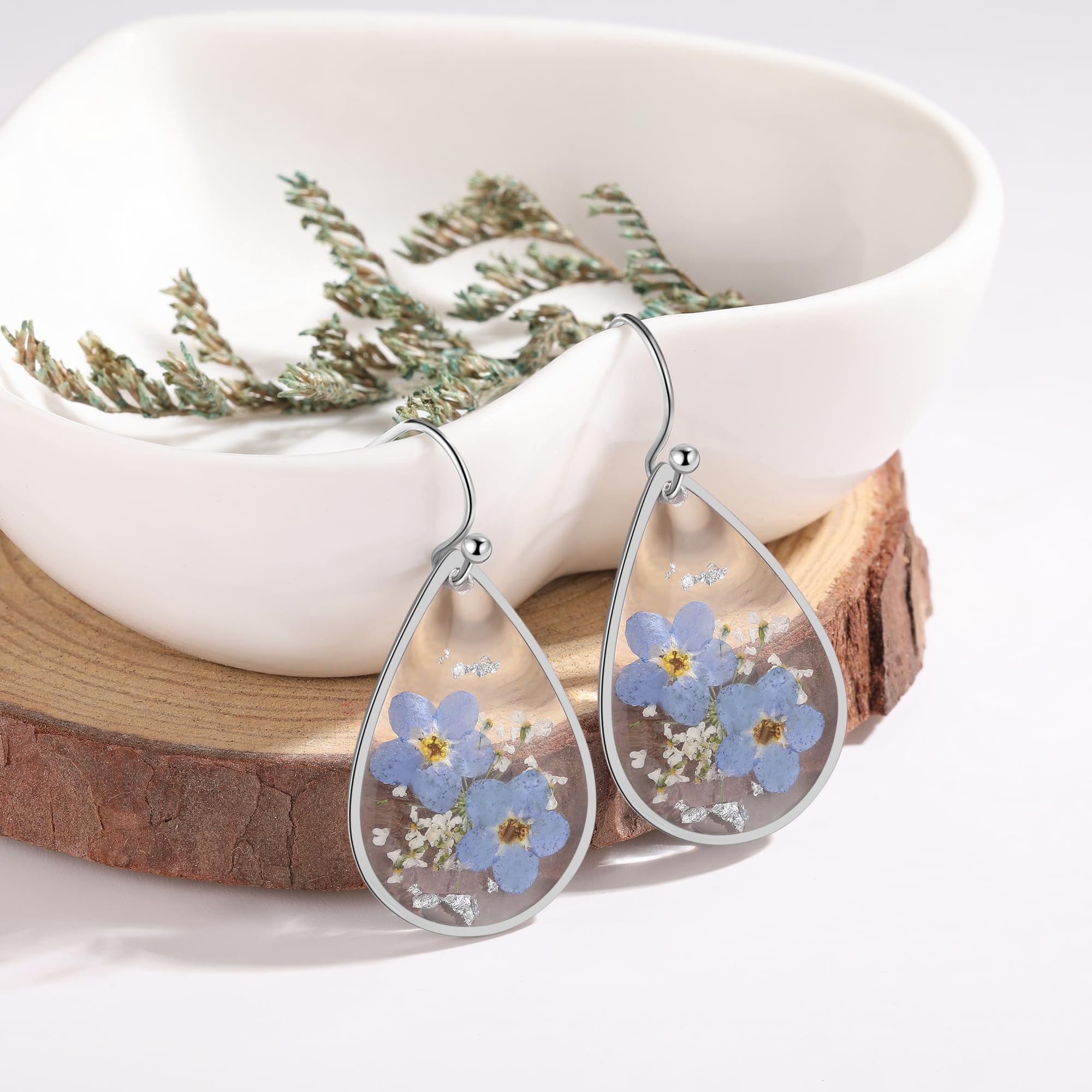 Forget-Me-Not and Queen Anne's Lace Pressed Wildflower Earrings | Pressed Flower Earrings | Handmade Drop and Dangle Earrings | Gift for Woman