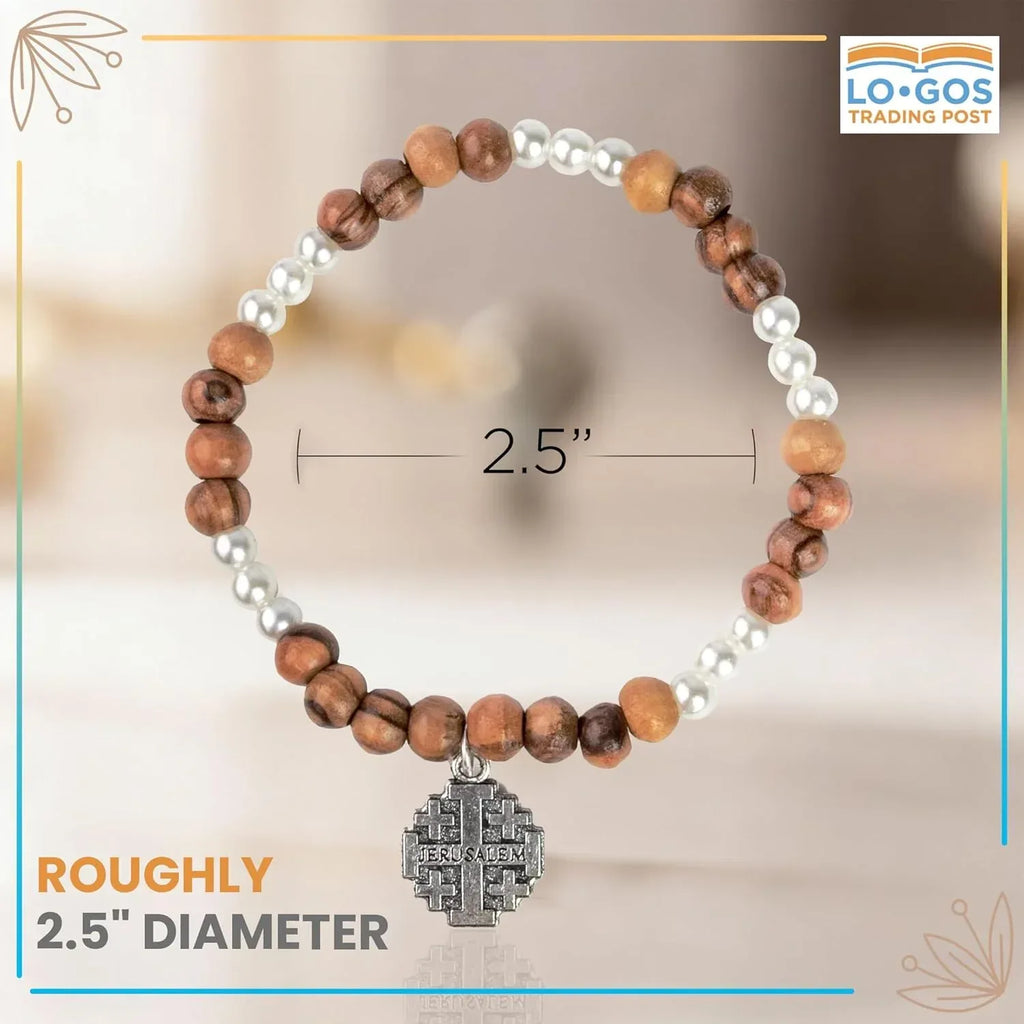 Handcrafted Olive Wood & White Bead Bracelet With Cross – Silver-Plated Jerusalem Cross Dangle – The Holy Land of Bethlehem Gifts – Unique Catholic Jewelry for Men and Women - Handmade Lifestyle Shop
