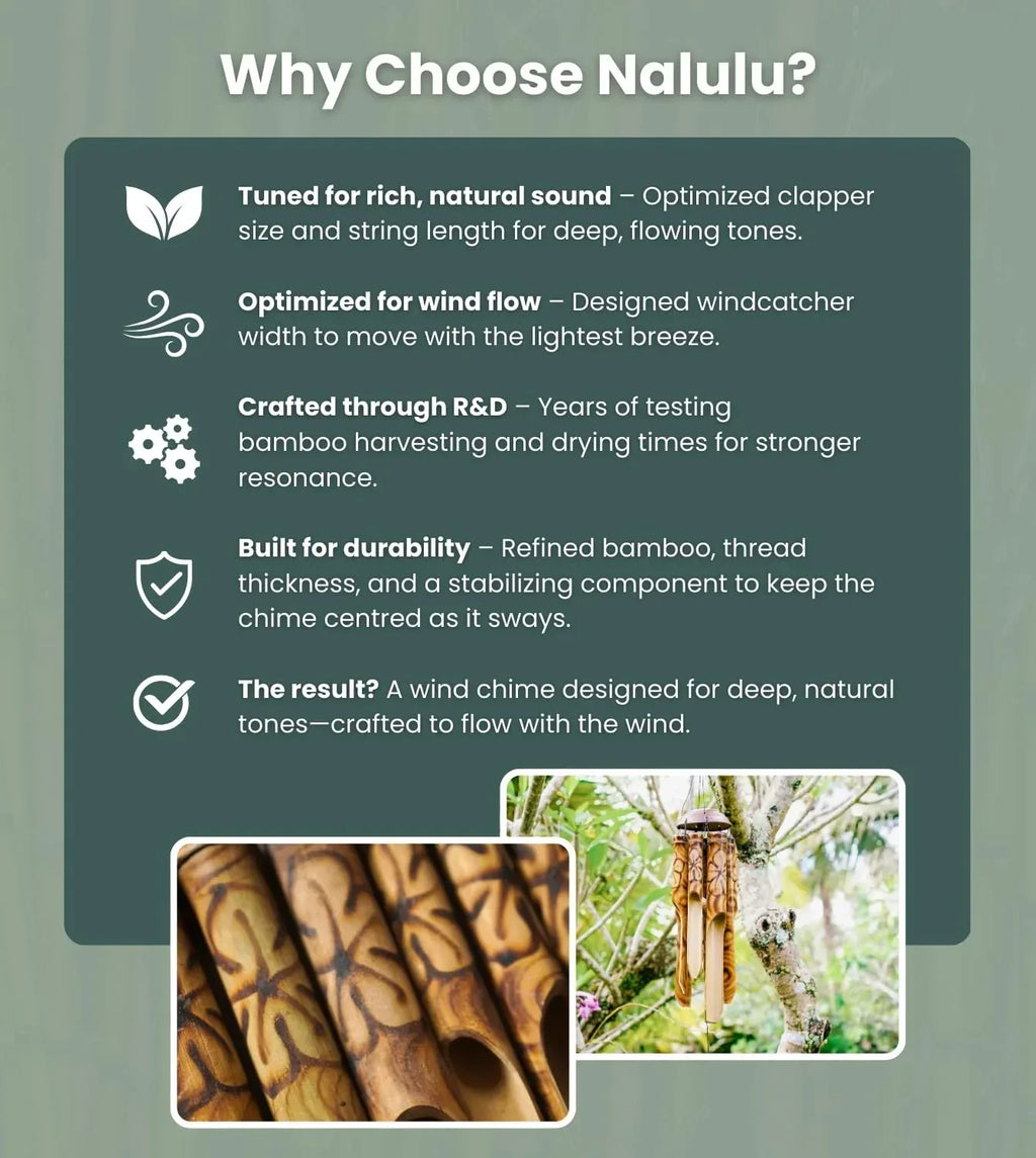 Rustic Bamboo Wind Chimes - Outside Outdoor Wooden Windchimes, Medium, Floral Burned Design with Coconut Crown, Handcrafted with Calming Deep Tones, Home Decor Ideal Gift for Him & Her - Handmade Lifestyle Shop