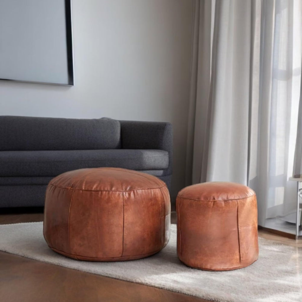 Handmade Moroccan Round Leather Pouf – Delivered Unstuffed – Ottoman, Footstool, Footrest, Hassock, Floor Cushion – Versatile Artisan Accent (Tan, 12"×12"×12" in)