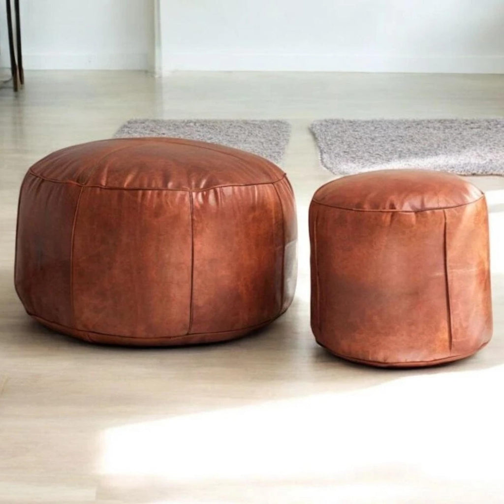 Handmade Moroccan Round Leather Pouf – Delivered Unstuffed – Ottoman, Footstool, Footrest, Hassock, Floor Cushion – Versatile Artisan Accent (Tan, 12"×12"×12" in)