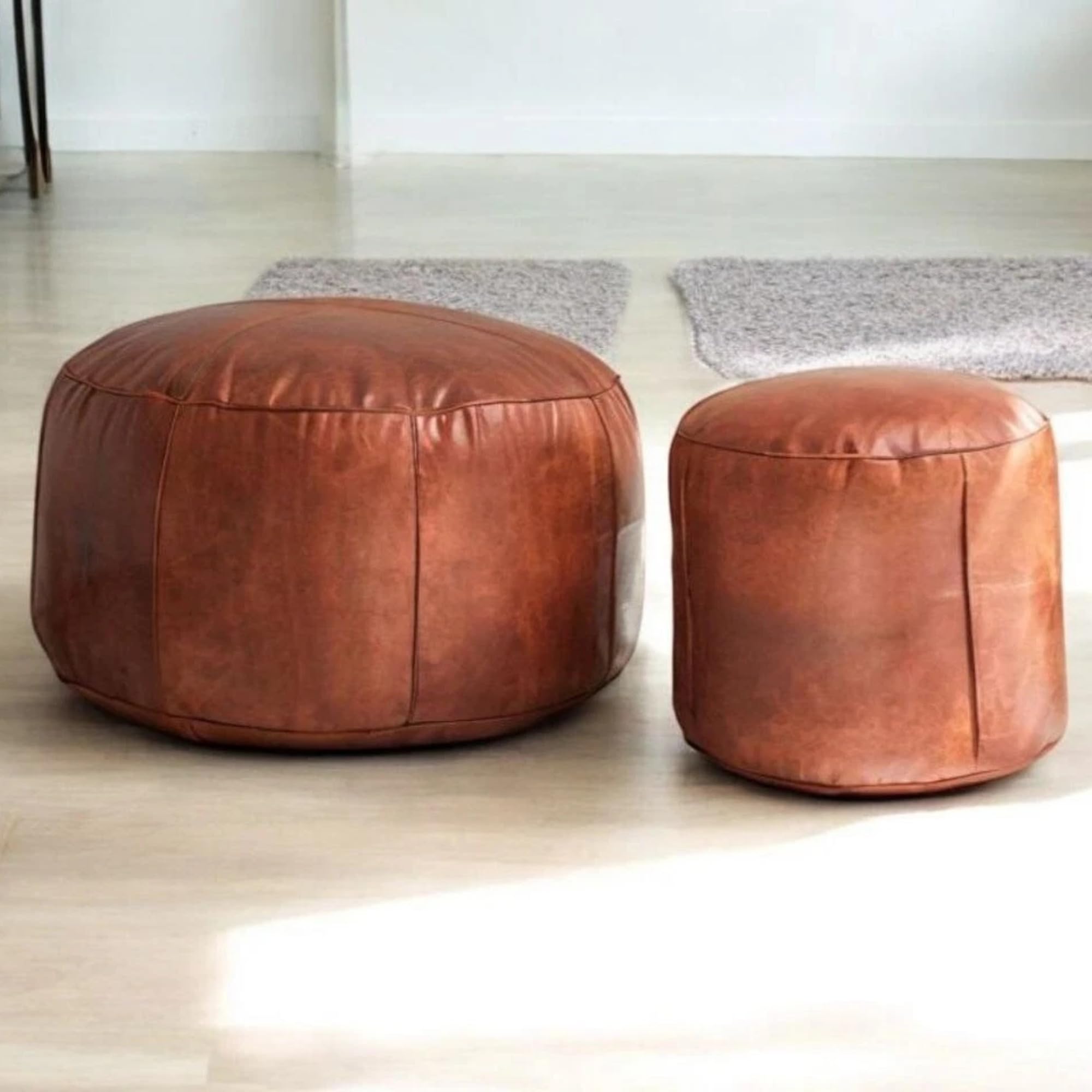 Handmade Moroccan Round Leather Pouf – Delivered Unstuffed – Ottoman, Footstool, Footrest, Hassock, Floor Cushion – Versatile Artisan Accent (Tan, 12"×12"×12" in)