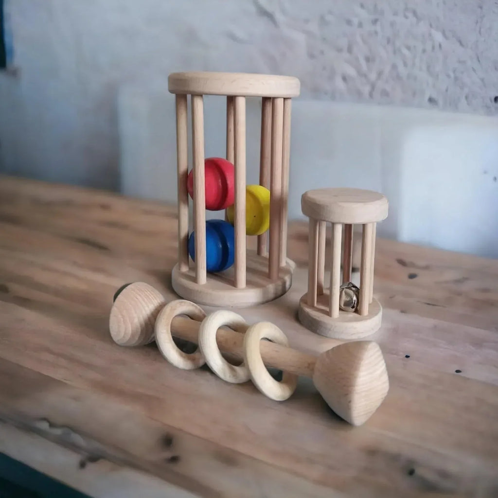 Montessori Wooden Baby Toy Set – Natural Beech Wood Sensory Toys for Infants (0–12 Months) | Rolling Drum, Wooden Rattles, Bell Shaker, Teether Rings | Non-Toxic, Handmade Development Toys - Handmade Lifestyle Shop