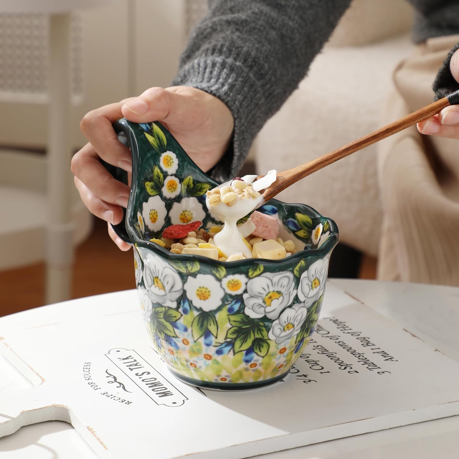 ALMA Handpainted Soup Bowl with Handle, 18.6oz Ceramic Cereal Bowl, Microwave &Dishwasher Safe,Loop Handle Bowl Great for Soup, Chili, Stew, Ice cream