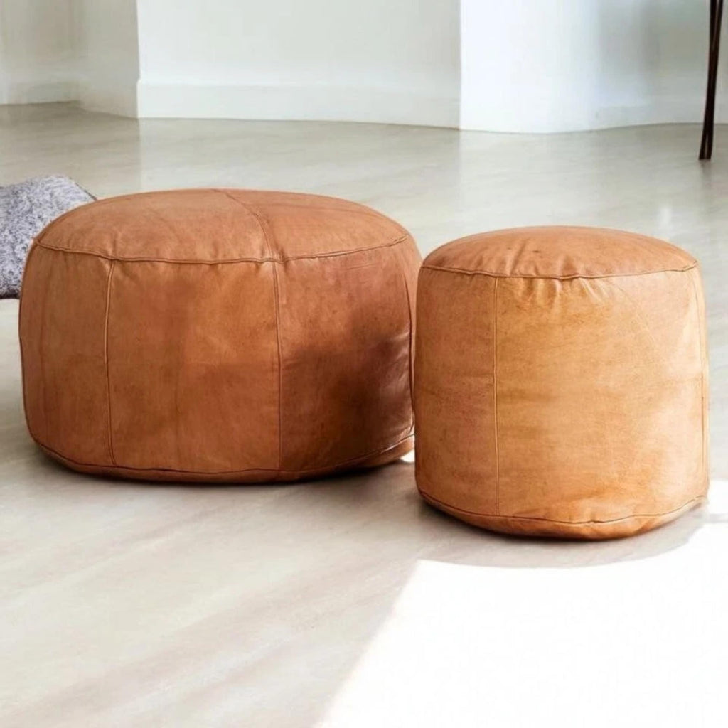 Handmade Moroccan Round Leather Pouf – Delivered Unstuffed – Ottoman, Footstool, Footrest, Hassock, Floor Cushion – Versatile Artisan Accent (Tan, 12"×12"×12" in)