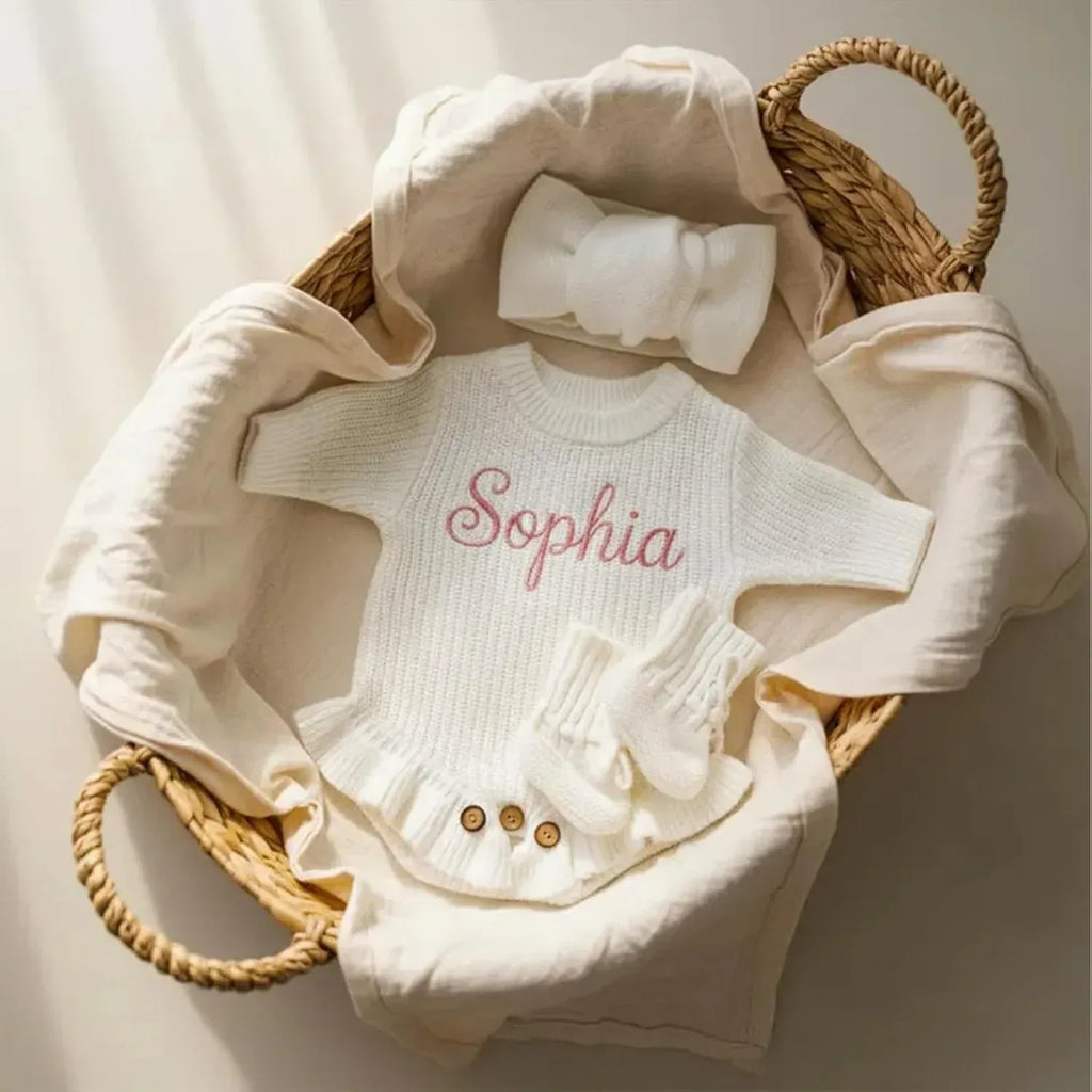 Personalized Embroidered Baby Romper Set - Cotton Newborn Coming Home Outfit, Knit Sweater with Hat & Booties,Gender Neutral Gift - Handmade Lifestyle Shop