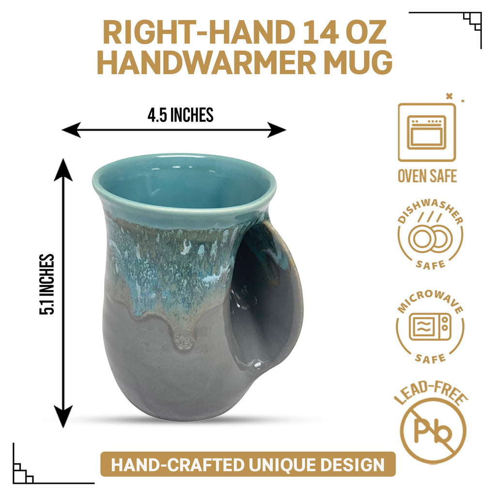 Clay in Motion Hand Warmer Coffee Mug – Handmade Coffee Mug With Comfortable Handle Contoured Pocket Hand Warming Ceramic Coffee Mug – Proudly Made in USA – Right Handed – 14 Oz - Island Oasis