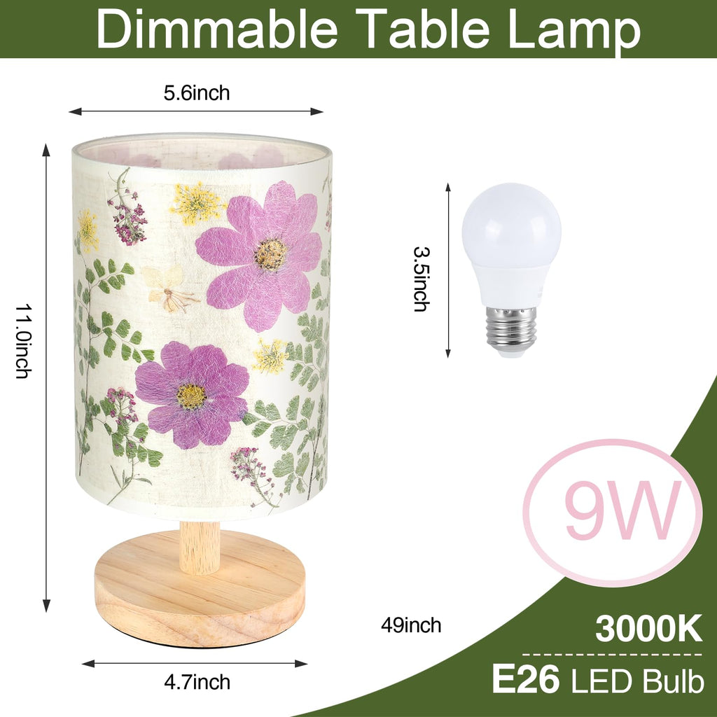 Dried Flowers Small Table Lamp 5W LED 3-Color Bedside Lamp Pressed Flowers Lampshade with Wood Base for Bedroom Living Room Desk Nursery