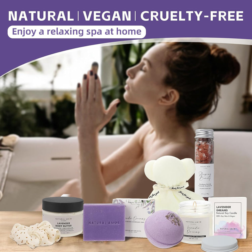 Natural Amor Handmade Spa Gift Set 6 pcs– Includes Citrus Bath Bomb, Lavender Hand Cream, Soap, Bath Salt, Candle – Relaxing Self-Care Kit for Women