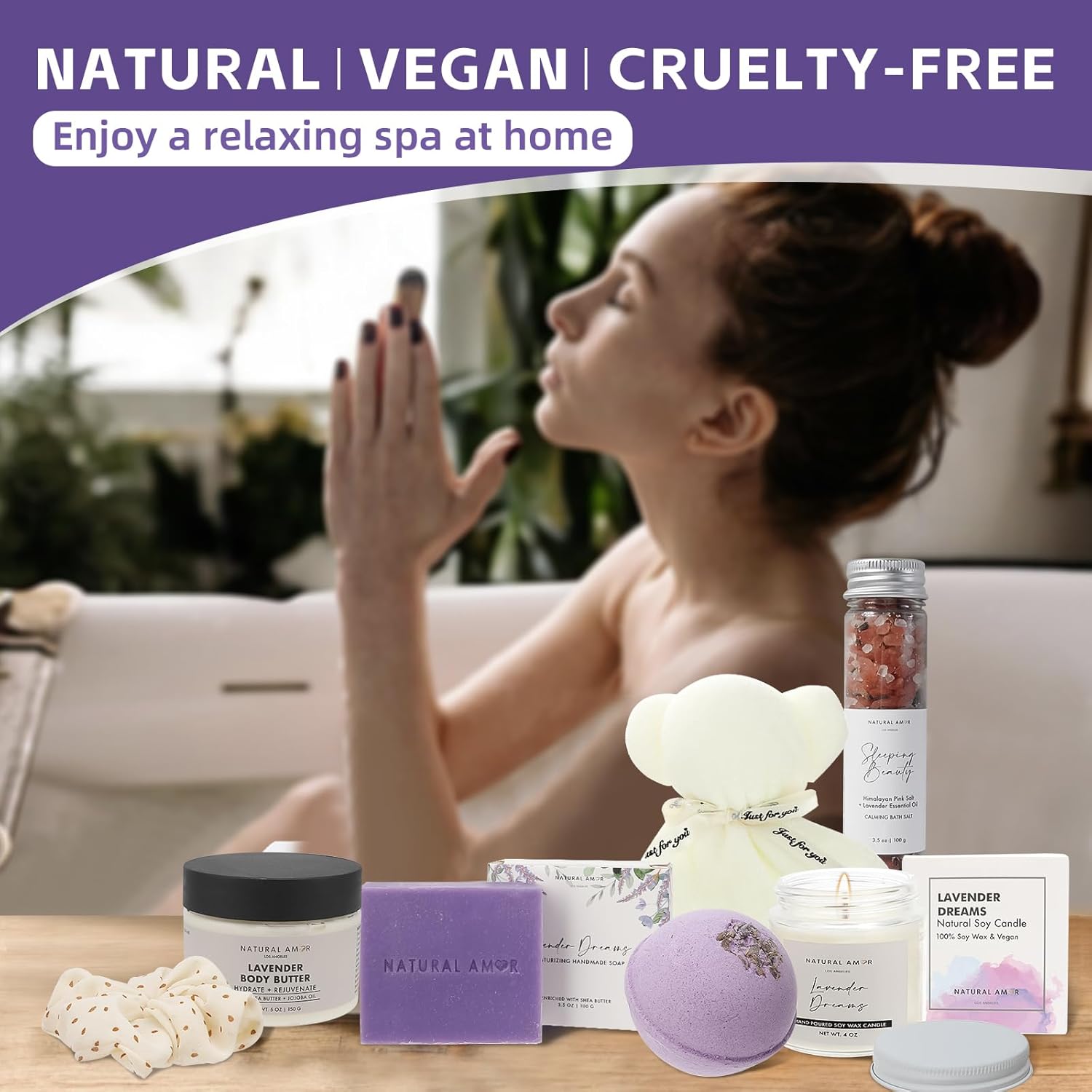 Natural Amor Handmade Spa Gift Set 6 pcs– Includes Citrus Bath Bomb, Lavender Hand Cream, Soap, Bath Salt, Candle – Relaxing Self-Care Kit for Women