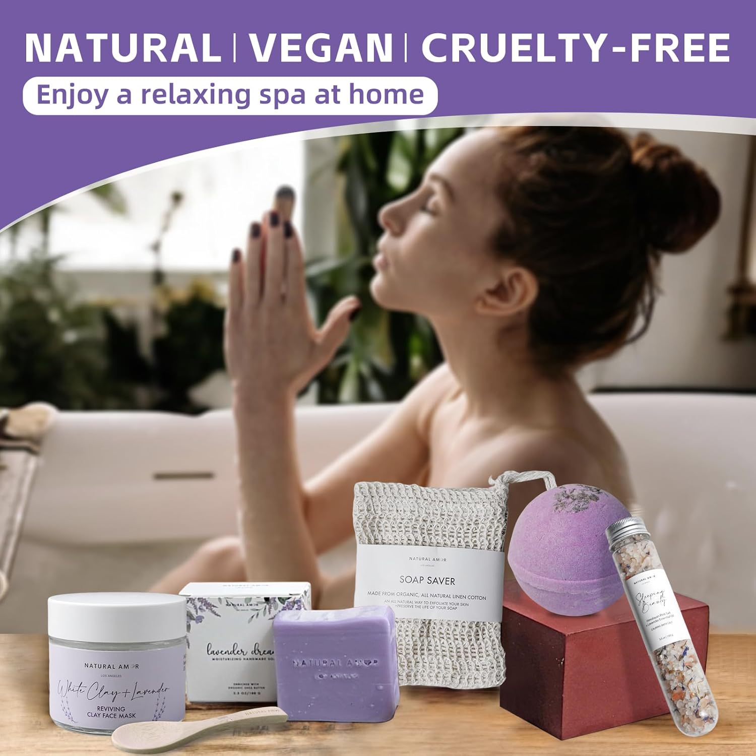 Natural Amor Handmade Spa Gift Set 6 pcs– Includes Citrus Bath Bomb, Lavender Hand Cream, Soap, Bath Salt, Candle – Relaxing Self-Care Kit for Women