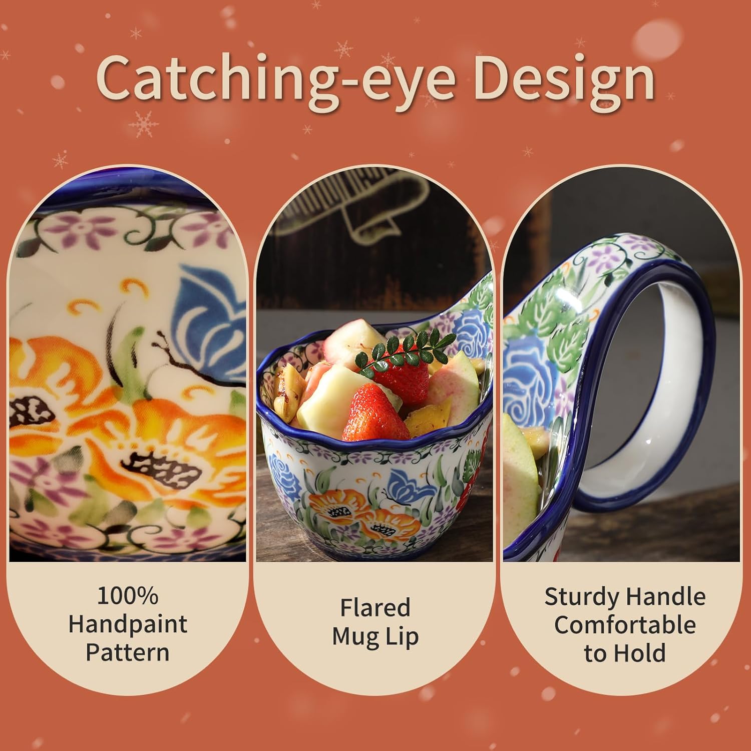 ALMA Handpainted Soup Bowl with Handle, 18.6oz Ceramic Cereal Bowl, Microwave &Dishwasher Safe,Loop Handle Bowl Great for Soup, Chili, Stew, Ice cream