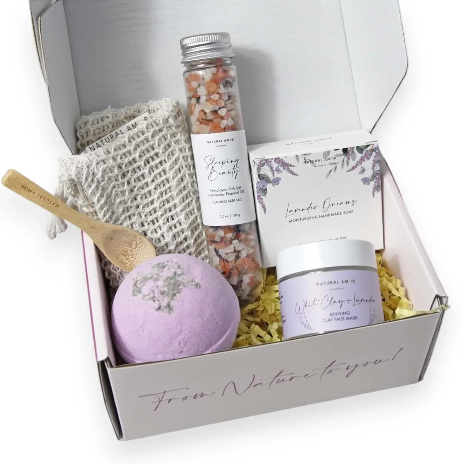 Natural Amor Handmade Spa Gift Set 6 pcs– Includes Citrus Bath Bomb, Lavender Hand Cream, Soap, Bath Salt, Candle – Relaxing Self-Care Kit for Women - Handmade Lifestyle Shop
