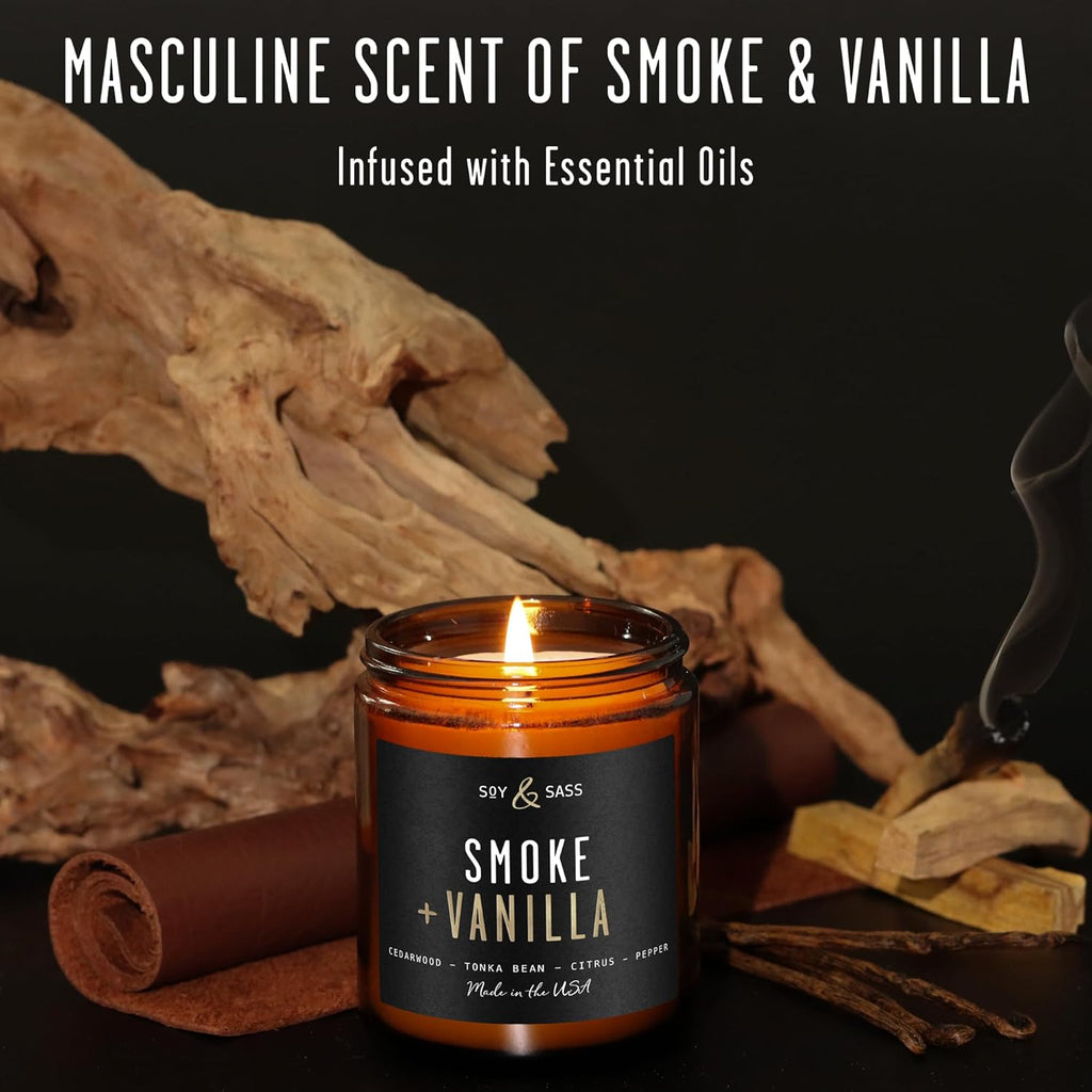 Smoked Vanilla Whiskey Candle - Scented Black Candles for Men or Women - Bourbon, Tobacco & Caramel Soy Wax Mens Candle - Infused w/Essential Oils | Long 50Hr Burn,9oz I Non Toxic I Made in USA