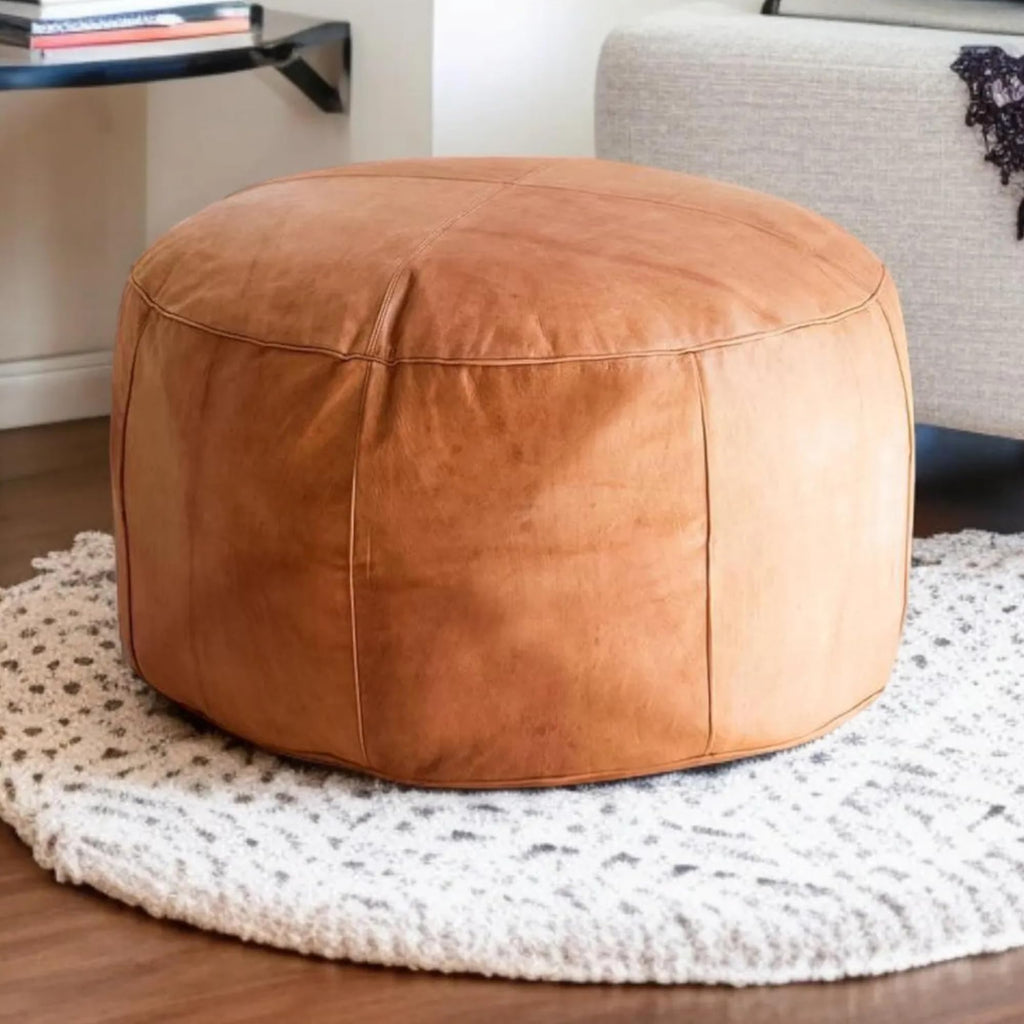 Handmade Moroccan Round Leather Pouf – Delivered Unstuffed – Ottoman, Footstool, Footrest, Hassock, Floor Cushion – Versatile Artisan Accent (Tan, 12"×12"×12" in)