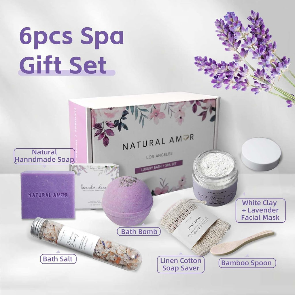 Natural Amor Handmade Spa Gift Set 6 pcs– Includes Citrus Bath Bomb, Lavender Hand Cream, Soap, Bath Salt, Candle – Relaxing Self-Care Kit for Women