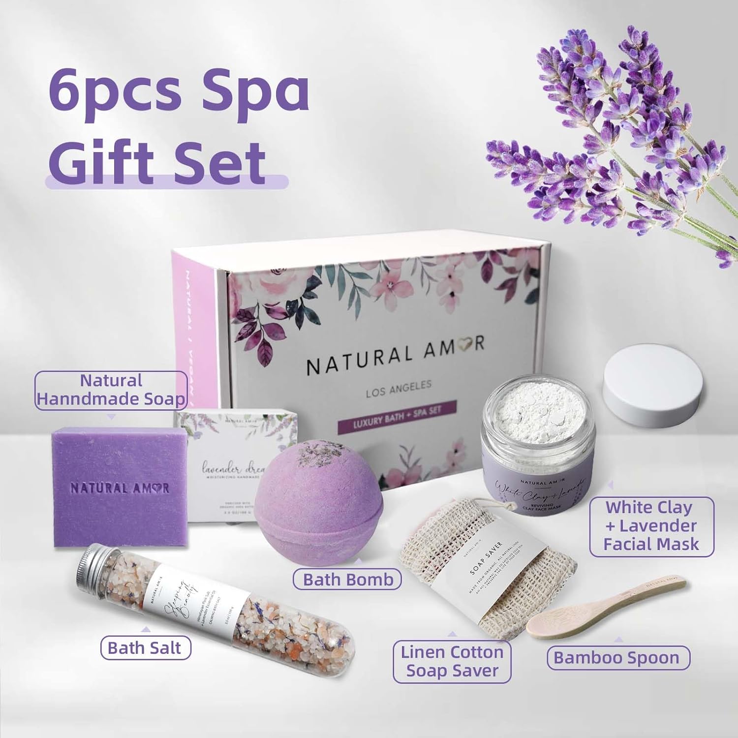 Natural Amor Handmade Spa Gift Set 6 pcs– Includes Citrus Bath Bomb, Lavender Hand Cream, Soap, Bath Salt, Candle – Relaxing Self-Care Kit for Women