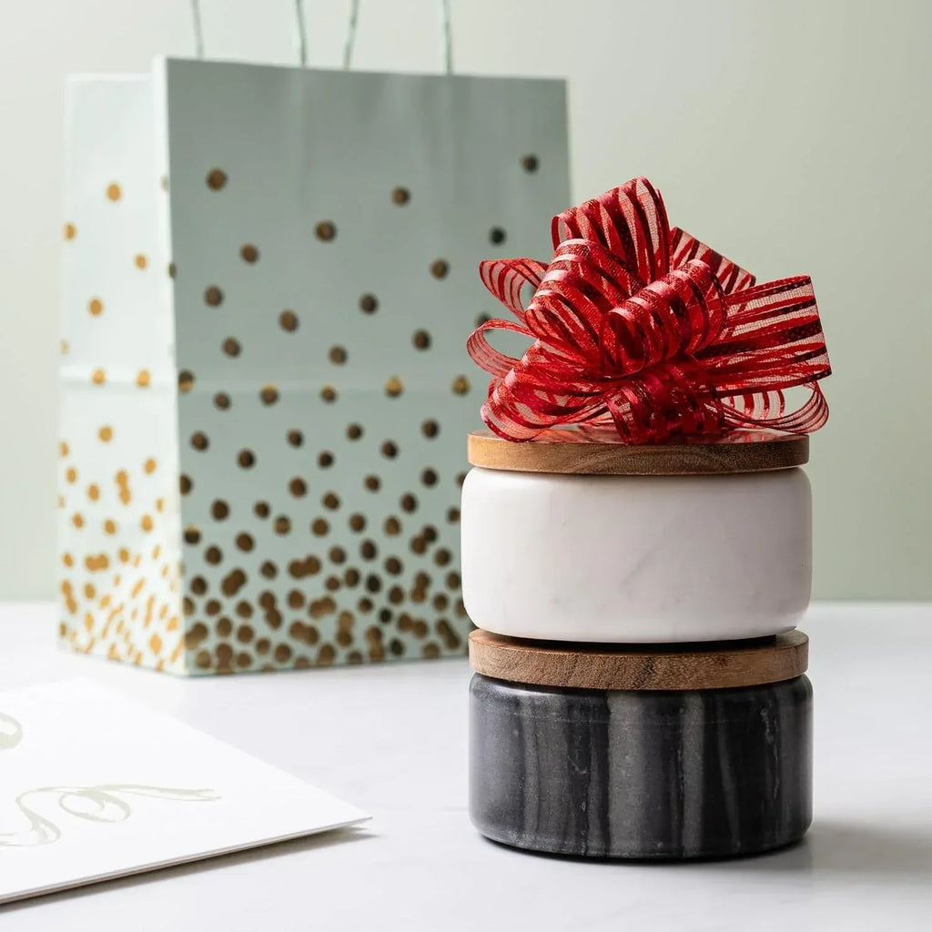 Cork & Mill Marble Salt and Pepper Bowls - Set of 2 Handcrafted White/Grey Solid Marble Salt and Pepper Cellars with Lids and Spoons - Elegant Containers for Countertop or Table - Handmade Lifestyle Shop