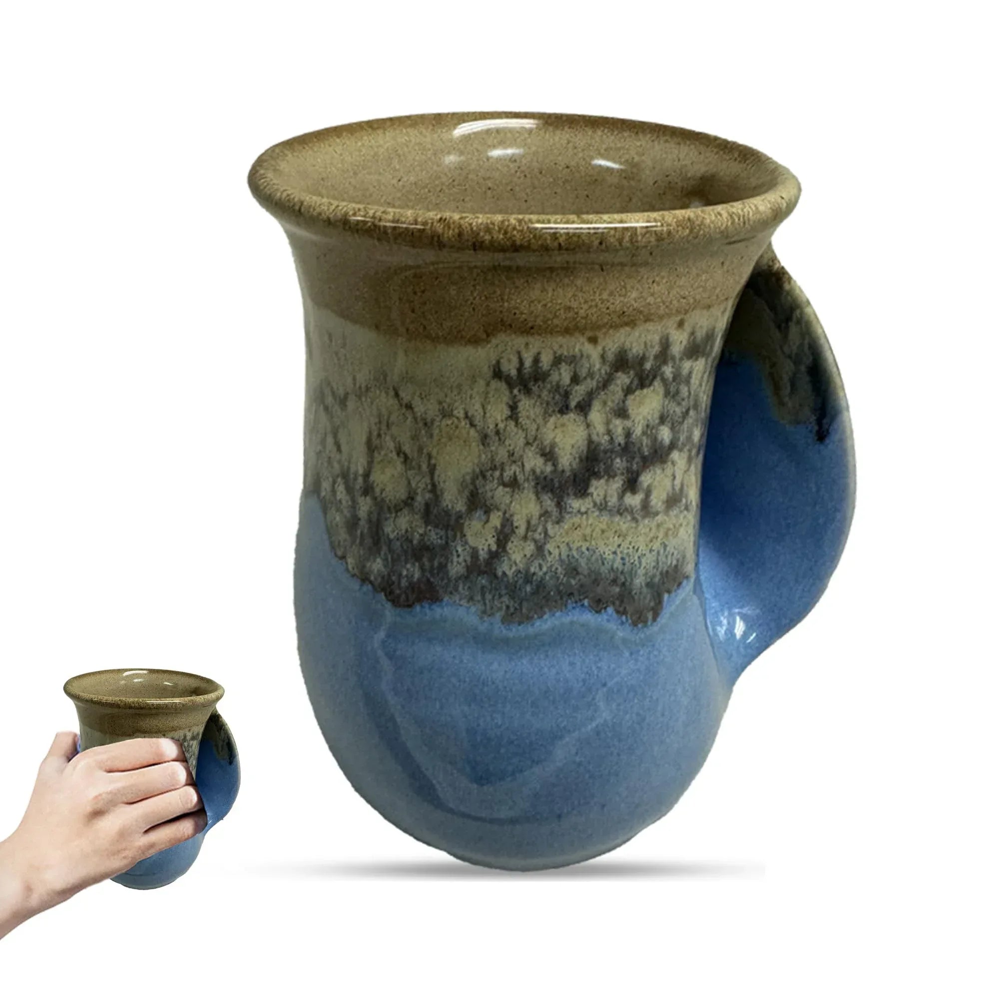 Clay in Motion Hand Warmer Coffee Mug – Handmade Coffee Mug With Comfortable Handle Contoured Pocket Hand Warming Ceramic Coffee Mug – Proudly Made in USA – Right Handed – 14 Oz - Island Oasis - Handmade Lifestyle Shop