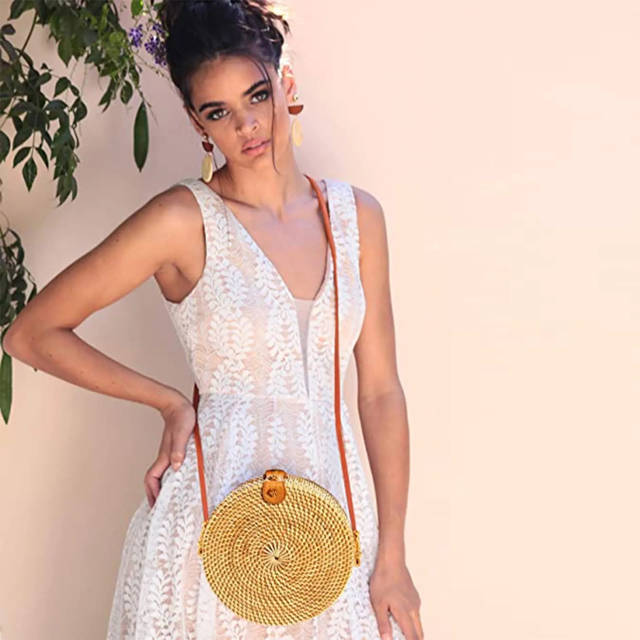 Novum Crafts Round Rattan Bag for Women - Handmade Straw Bags - Wicker Purse - Brown White Circle Crossbody Boho Bags - Handmade Lifestyle Shop