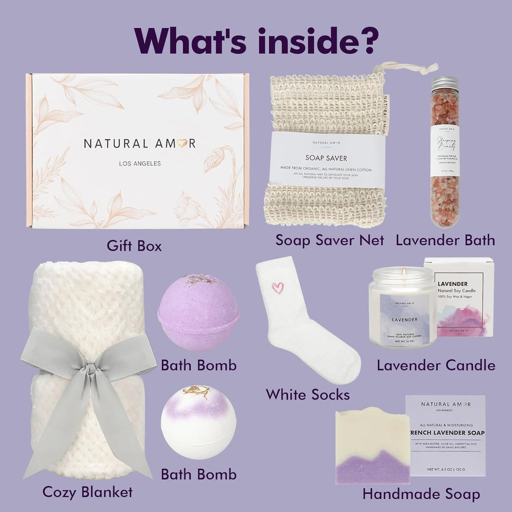 Natural Amor Handmade Spa Gift Set 6 pcs– Includes Citrus Bath Bomb, Lavender Hand Cream, Soap, Bath Salt, Candle – Relaxing Self-Care Kit for Women