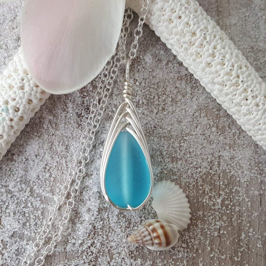 Yinahawaii Handmade Sea Glass Necklace, Hawaiian Jewelry For Women, Braided Teardrop Necklace, Unique Sea Glass Jewelry For Women Birthday Gift