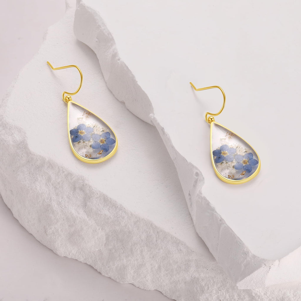 Forget-Me-Not and Queen Anne's Lace Pressed Wildflower Earrings | Pressed Flower Earrings | Handmade Drop and Dangle Earrings | Gift for Woman