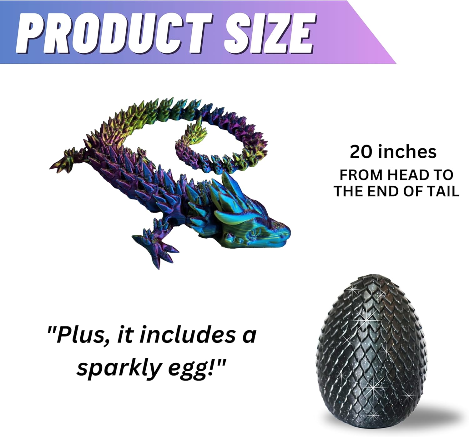 20" Articulated 3D Printed Dragon – Color-Changing Fidget Figurine, Mythical Figure, Made in USA, 3D Printed Toys - Valentines Day Gift for Boys and Girls (Rainbow with Blue Egg)