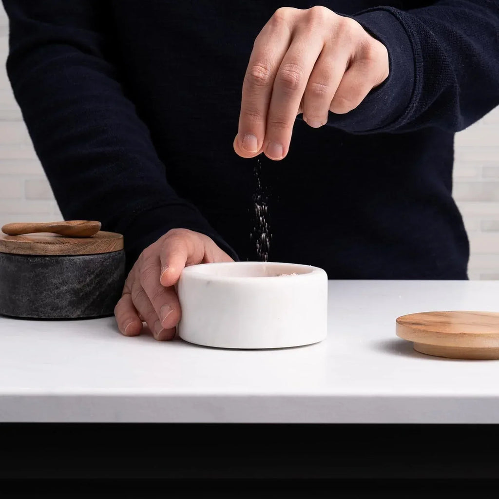 Cork & Mill Marble Salt and Pepper Bowls - Set of 2 Handcrafted White/Grey Solid Marble Salt and Pepper Cellars with Lids and Spoons - Elegant Containers for Countertop or Table - Handmade Lifestyle Shop