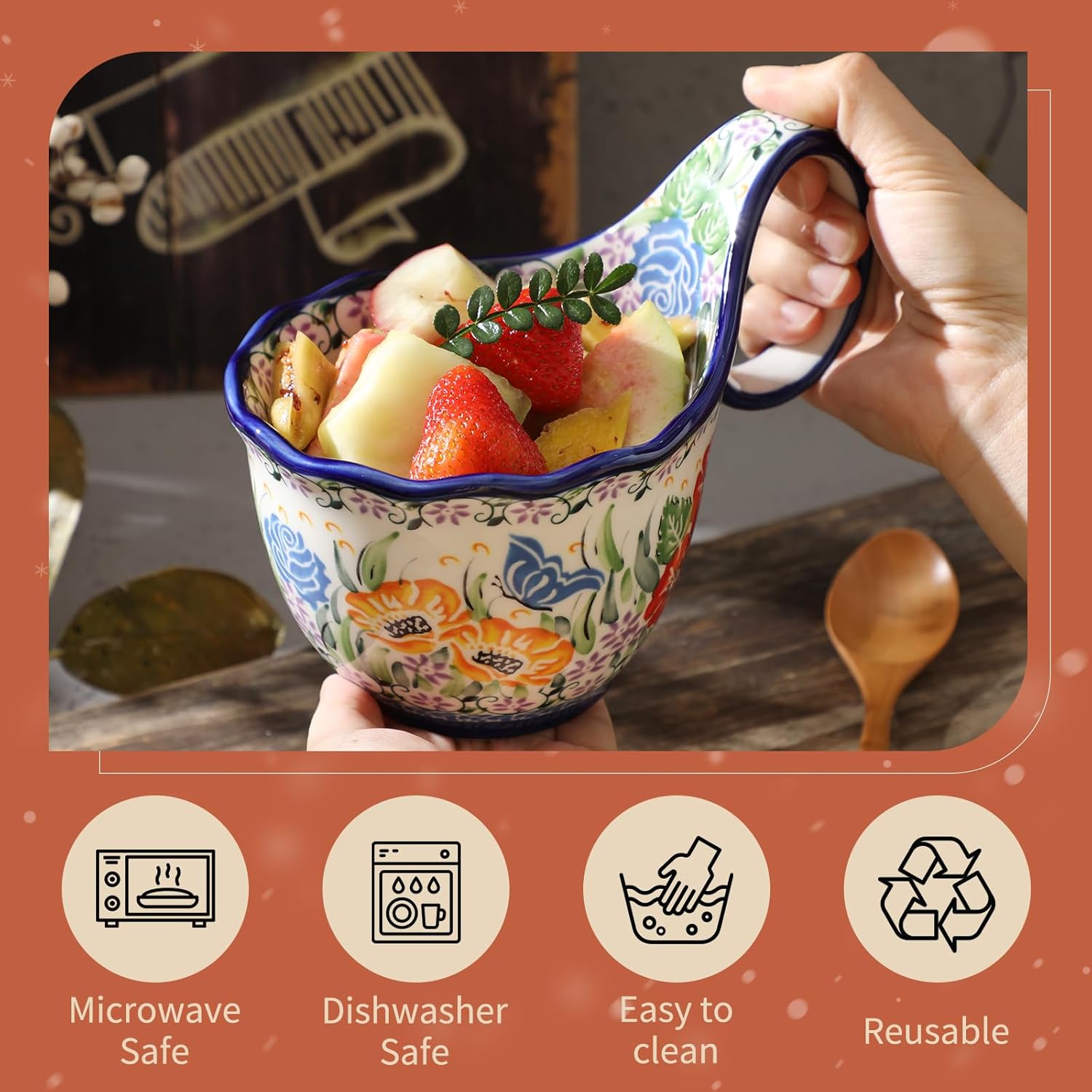 ALMA Handpainted Soup Bowl with Handle, 18.6oz Ceramic Cereal Bowl, Microwave &Dishwasher Safe,Loop Handle Bowl Great for Soup, Chili, Stew, Ice cream