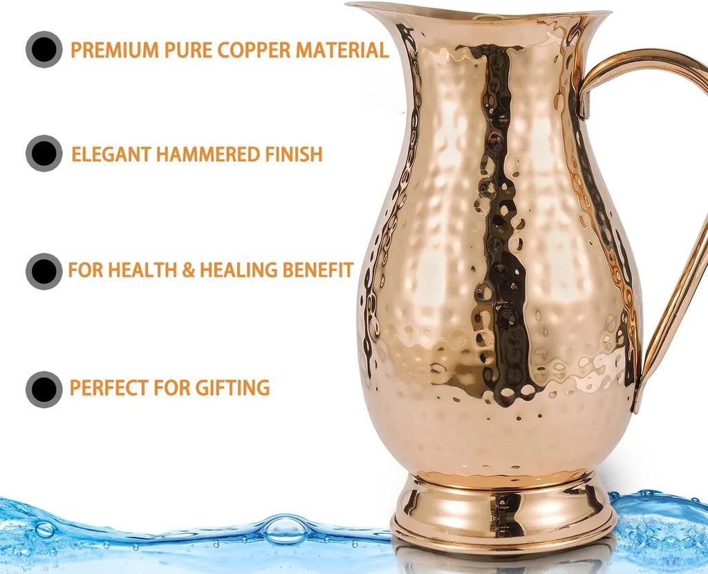 Pure Copper Pitcher with a Lid, Large Size Solid Handcrafted Copper Water Hammered Jug, Capacity 70 Oz/2000ml, Copper Carafe For Home, Hotels & Gifting - Handmade Lifestyle Shop
