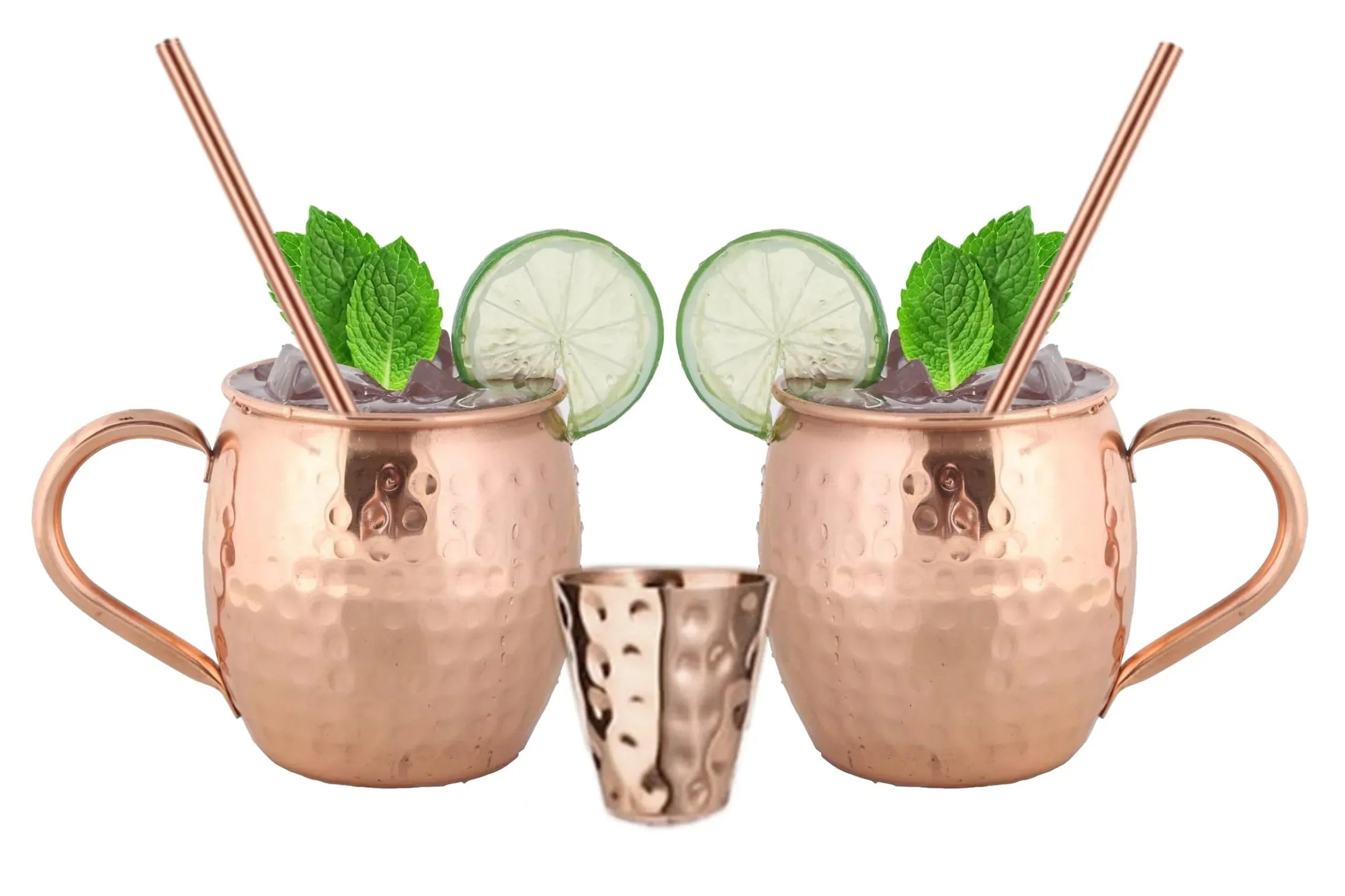 BOLD & DIVINE Moscow Mule Copper Mugs - Set of 2, 100% HANDCRAFTED - Food Safe Pure Copper Solid Mugs - 16 oz Gift Set with Premium Quality Cocktail Straws & Shot Glass! - Handmade Lifestyle Shop