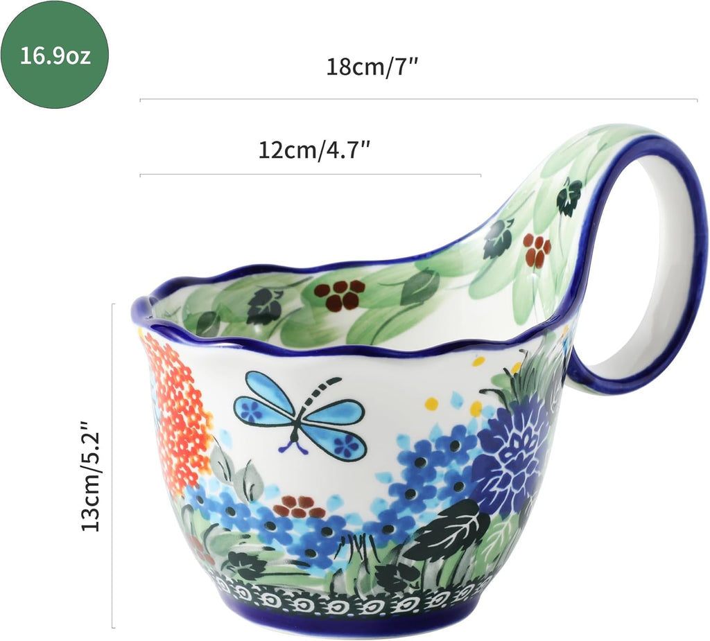 ALMA Handpainted Soup Bowl with Handle, 18.6oz Ceramic Cereal Bowl, Microwave &Dishwasher Safe,Loop Handle Bowl Great for Soup, Chili, Stew, Ice cream