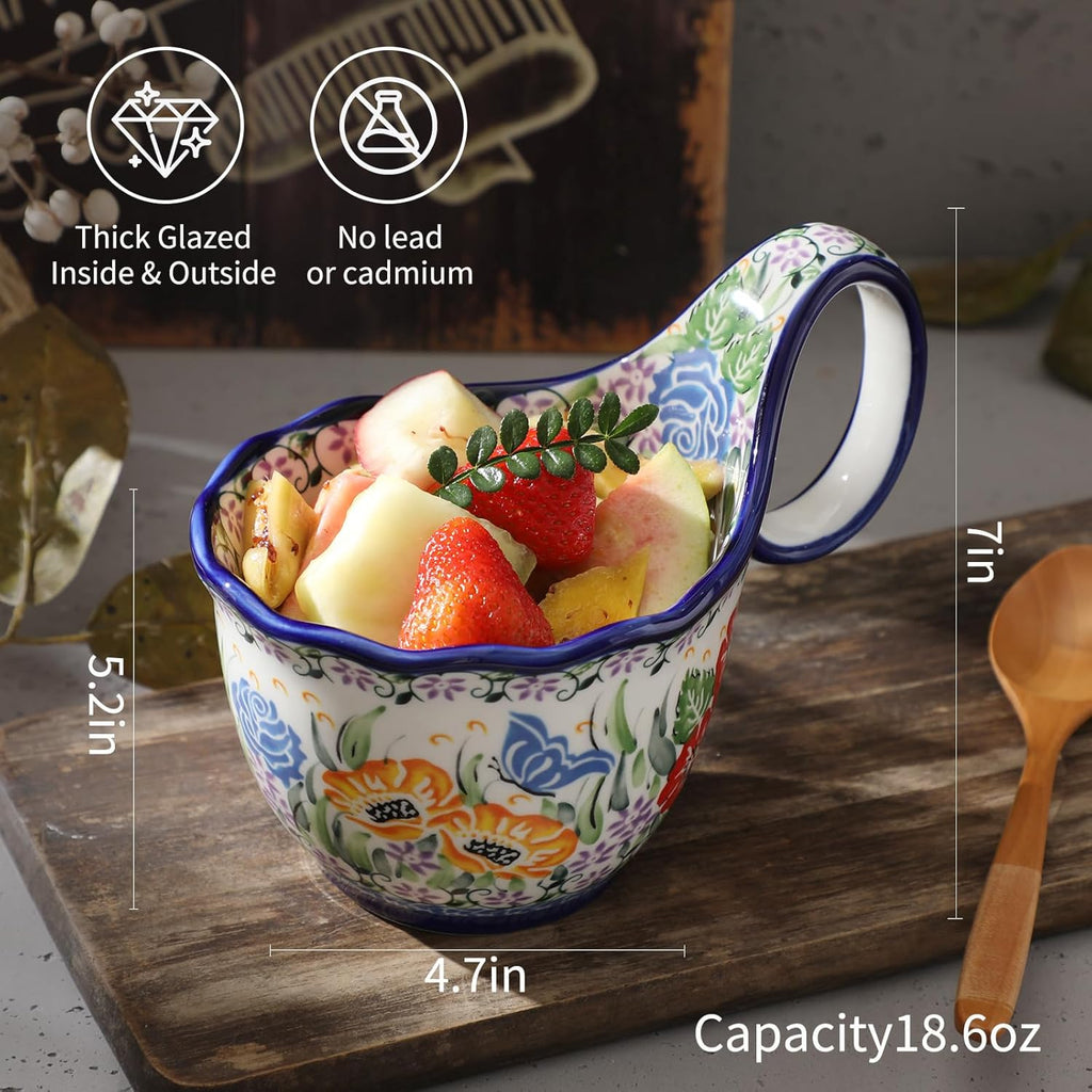 ALMA Handpainted Soup Bowl with Handle, 18.6oz Ceramic Cereal Bowl, Microwave &Dishwasher Safe,Loop Handle Bowl Great for Soup, Chili, Stew, Ice cream
