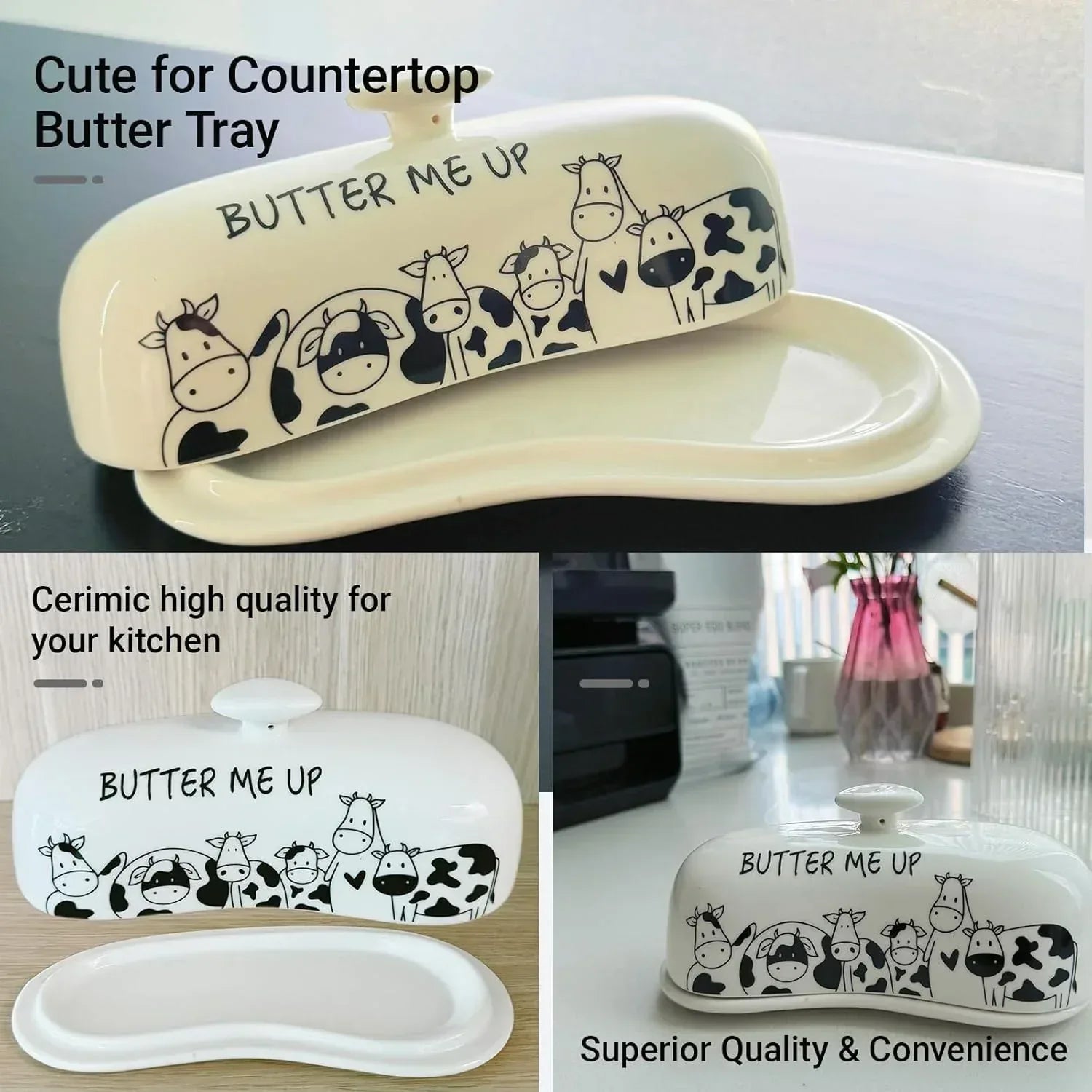 Butter Dish with Lid, Butter Dish with Lid for Countertop, White Butter Keeper Holds Up to 2 Sticks - Butter Holder and Container (Black butter me up, Large) - Handmade Lifestyle Shop