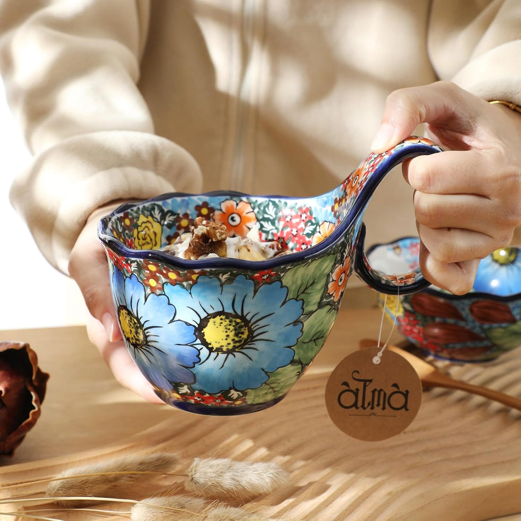 ALMA Handpainted Soup Bowl with Handle, 18.6oz Ceramic Cereal Bowl, Microwave &Dishwasher Safe,Loop Handle Bowl Great for Soup, Chili, Stew, Ice cream