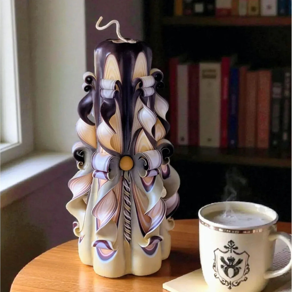 Beige Brown Hand Carved Pillar Candle 8.27" – Decorative Handmade Candle for Coffee Table, Fireplace Mantel or Living Room – Eco Friendly Long Burning Gift by NerotCandles - Handmade Lifestyle Shop