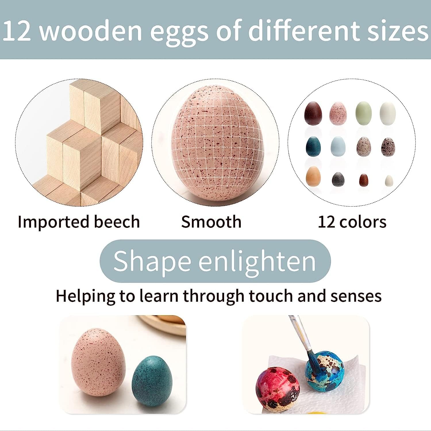 OESSUF Wooden Fake Eggs Easter Eggs Play Eggs for Toddlers Pretend Wood Egg Decor for Play Kitchen Artificial Decorative Eggs for Crafts Toy Food (12PCs)