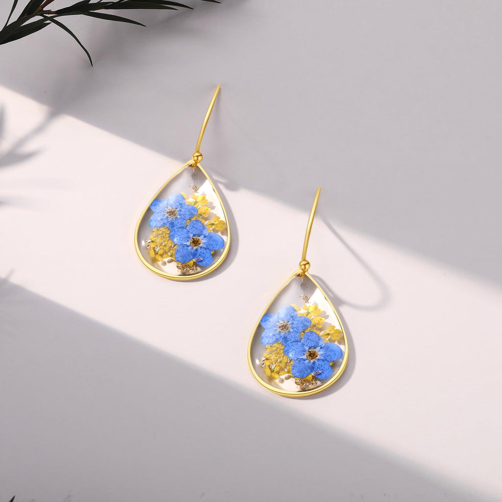 Forget-Me-Not and Queen Anne's Lace Pressed Wildflower Earrings | Pressed Flower Earrings | Handmade Drop and Dangle Earrings | Gift for Woman