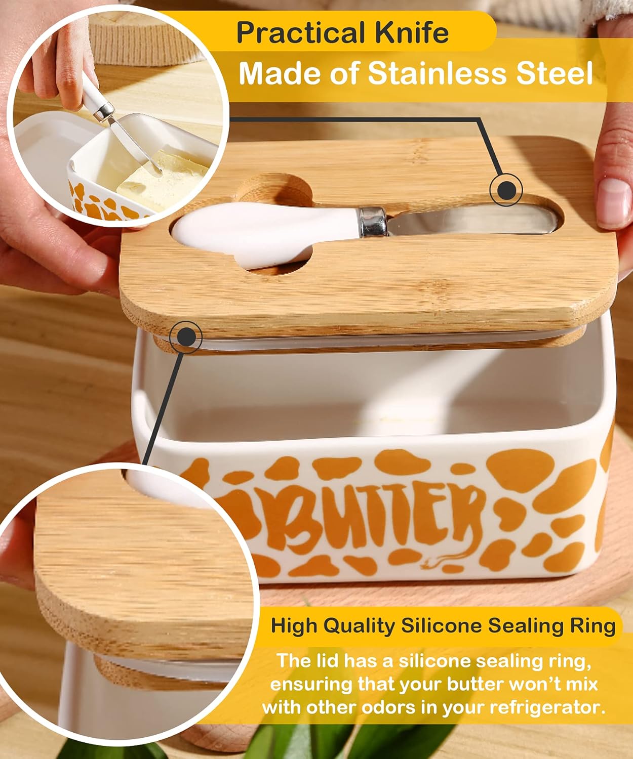 Butter Dish with Lid, Butter Dish with Lid for Countertop, White Butter Keeper Holds Up to 2 Sticks - Butter Holder and Container (Black butter me up, Large)